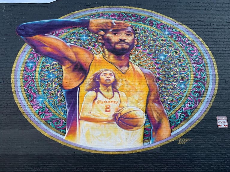 Kobe and Gianna Bryant mural by AISEBORN in Downtown LA